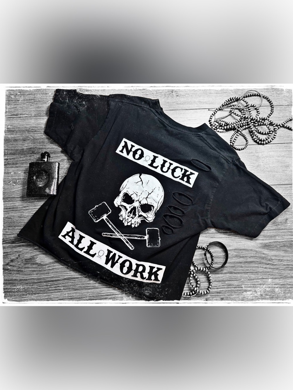 Black Graphic Skull Crop Top - 'No Luck All Work'